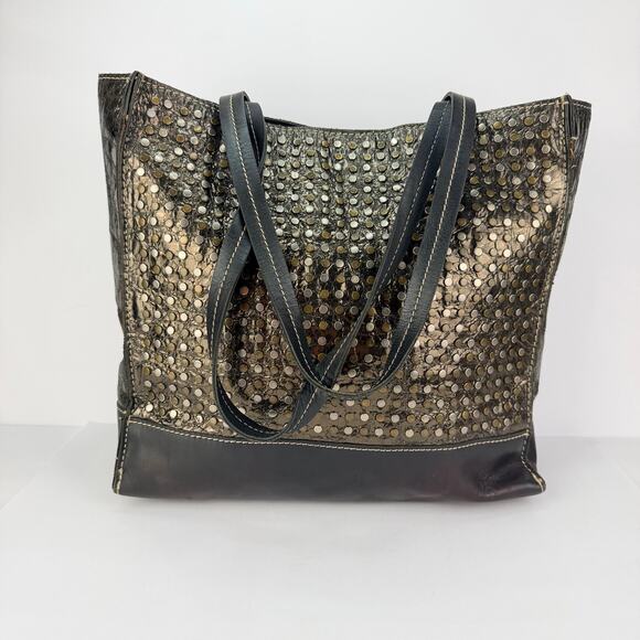 Patricia Nash 2 Tone Silver Bronze Studded Large Black Leather Shoulder tote bag - Picture 2 of 12
